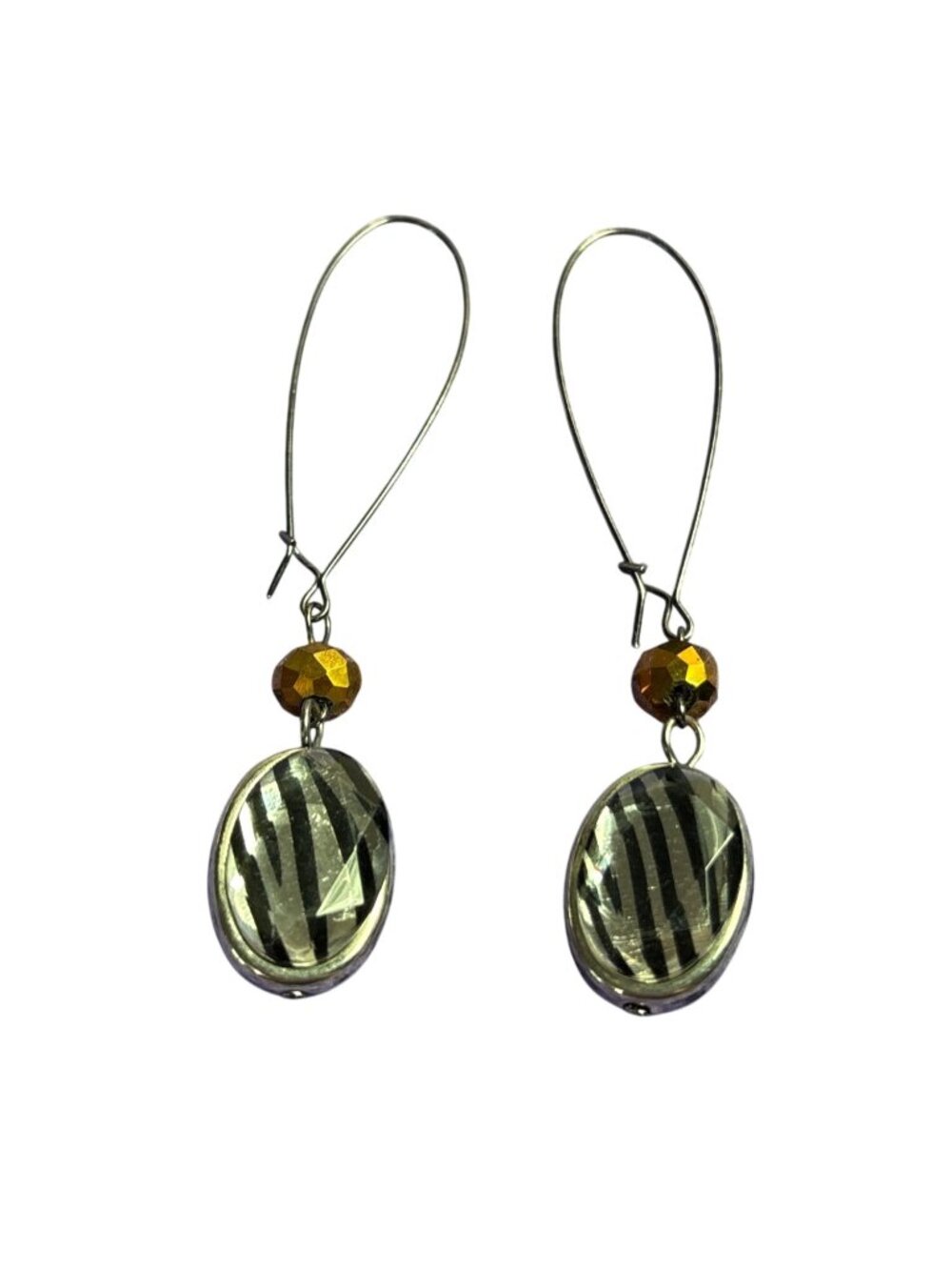 Animal Print Silvertone Black Brown Beaded Oval Hoop Dangle Earrings Gunmetal